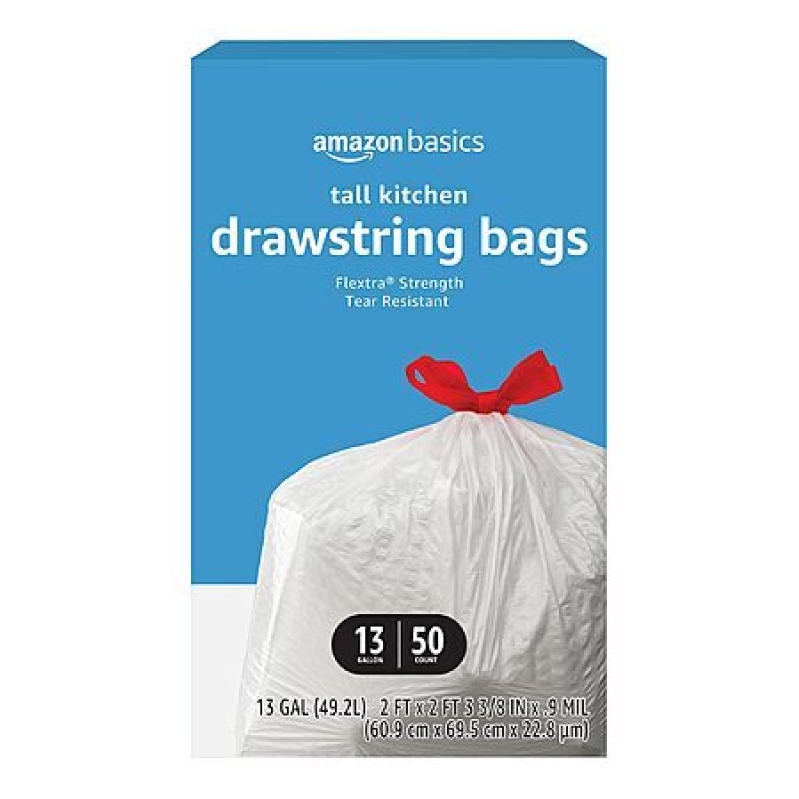 Amazon Basics Flextra 13‑Gal Tall Drawstring Trash Bags – 50 Count for $6.97 with Subscribe & Save