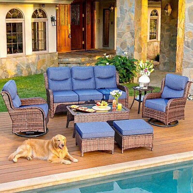 HILLGA 7‑Piece Luxury Blue Wicker Patio Set – 6‑Inch Cushions, Swivel Rockers – $1,535 Deal