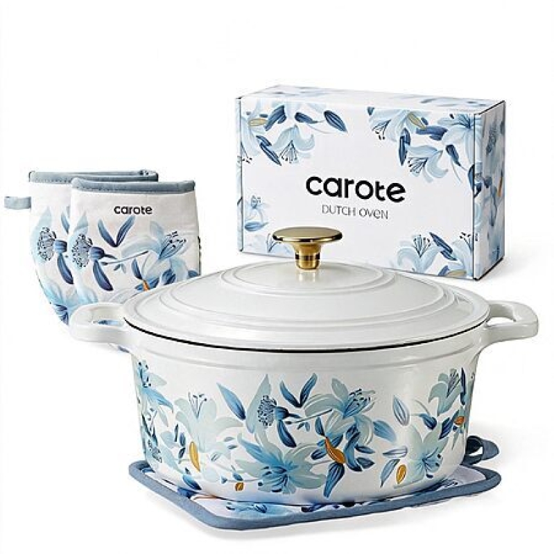 CAROTE 5qt Enamel Cast Iron Dutch Oven – White & Blue, Includes Potholders & Gift Box – $49.97 Deal