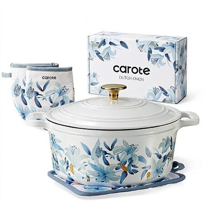 CAROTE 5qt Enamel Cast Iron Dutch Oven – White & Blue, Includes Potholders & Gift Box – $49.97 Deal