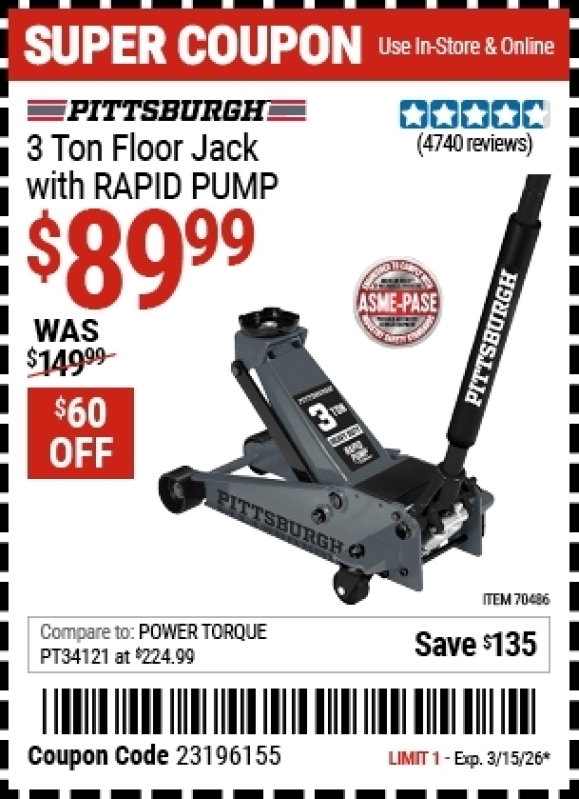 Harbor Freight 3 Ton Floor Jack with Rapid Pump – $90 Deal