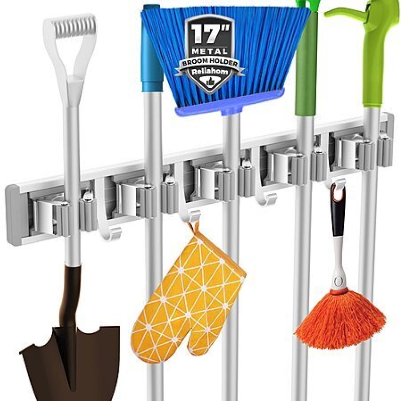 Reliahom Wall-Mount Broom & Mop Holder – 5 Racks, 4 Hooks – 50% Off