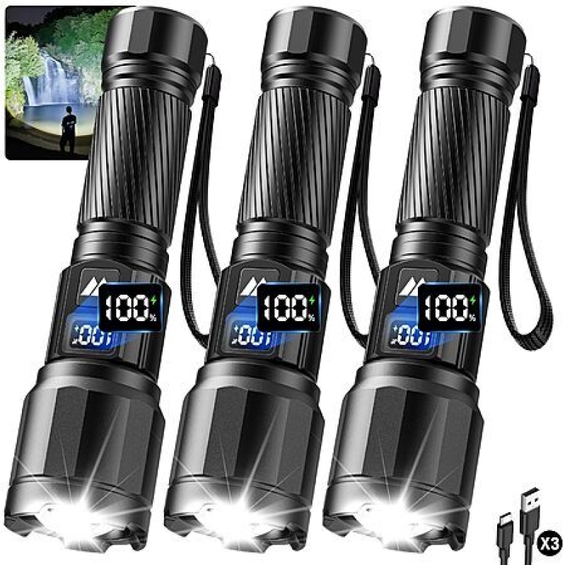3‑Pack Rechargeable Tactical Flashlights – Super Bright LED, 15h Runtime, Waterproof – $19.99