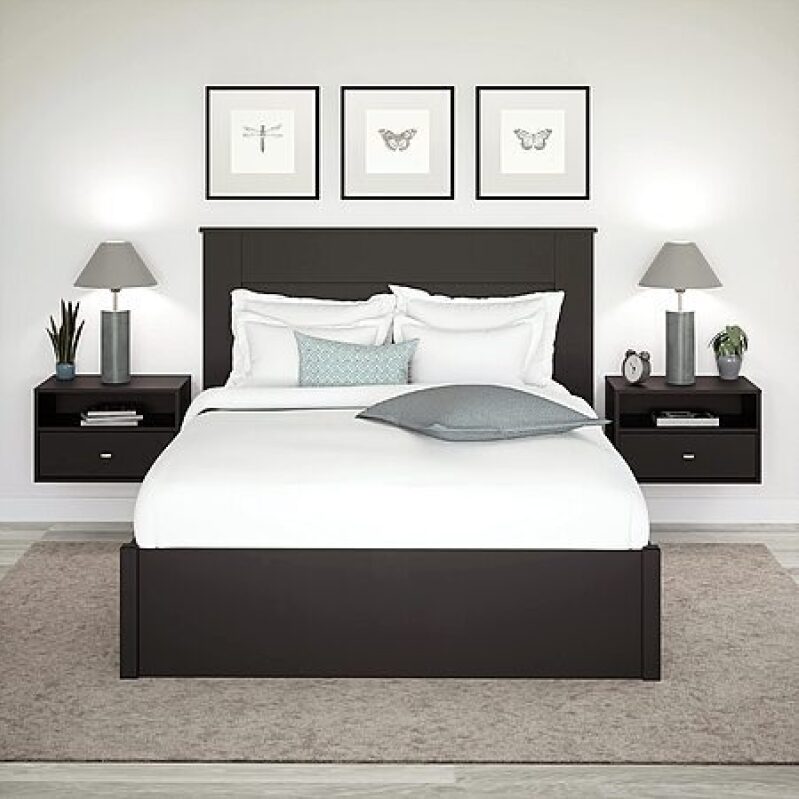 Prepac Floating Shelf Side Table Set – 2 Black Units with Drawer & Brass Knobs – $87.99