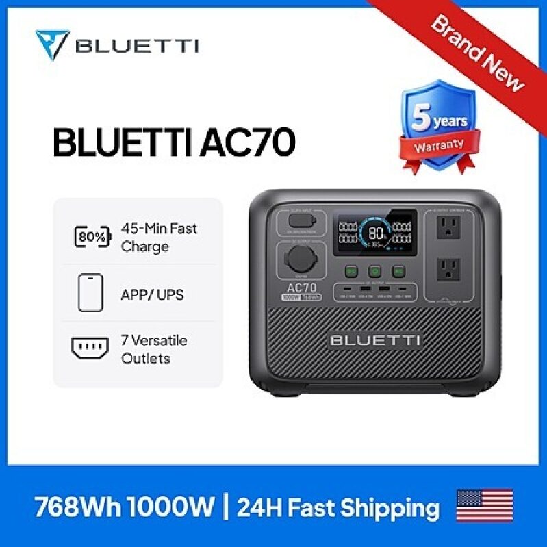 BLUETTI AC70 768Wh Portable Solar Power Station – $35 Off, $231 Deal