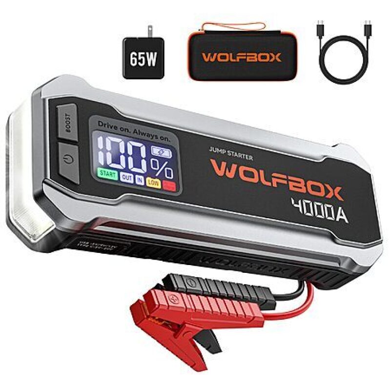 WOLFBOX 4000A Portable Car Jump Starter – 24,000 mAh + 65W Charger for $59.99 (Save 50%)