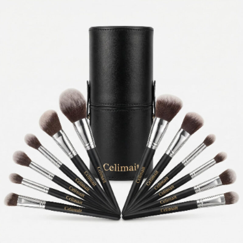 Premium 12-Piece Makeup Brush Set with Leather Case - Elegant and Durable