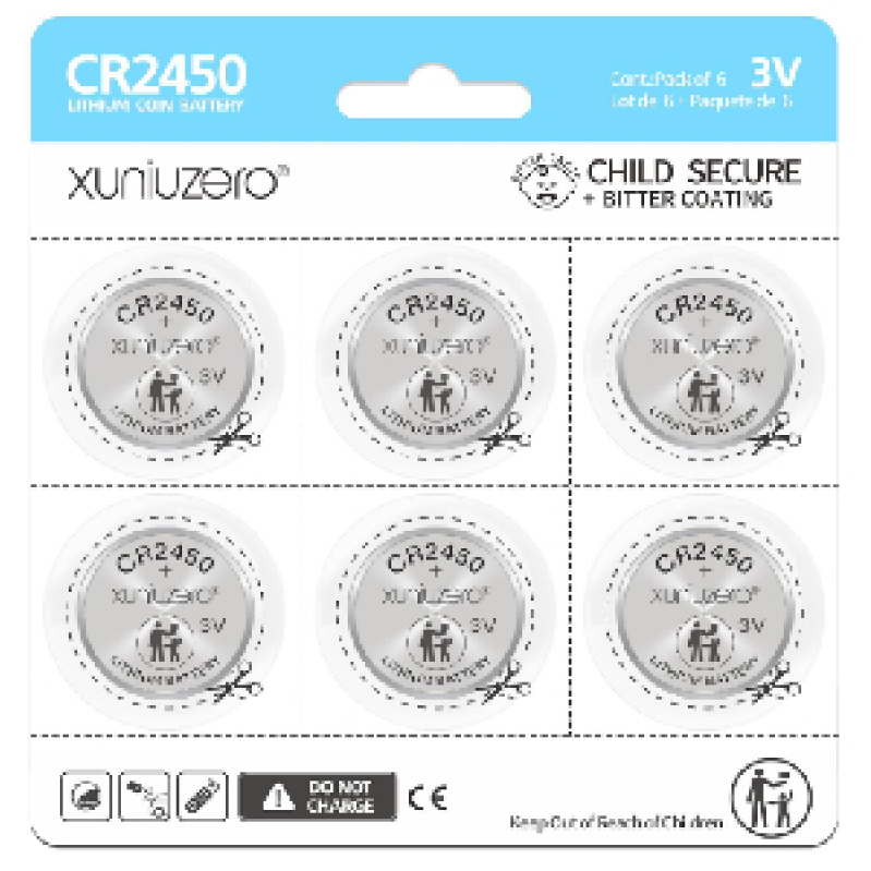 Xunizero CR2450 Child Secure Lithium Coin Batteries - 6 Pack