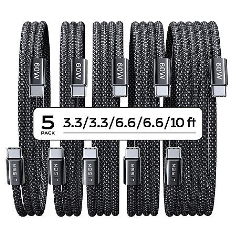 5-Pack LISEN 60W USB-C Charging Cables: Versatile & Reliable Charging Solution