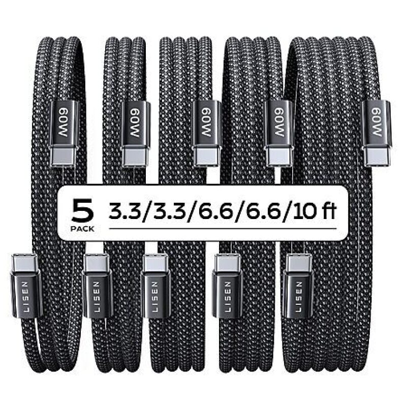 5-Pack LISEN 60W USB-C Charging Cables: Versatile & Reliable Charging Solution