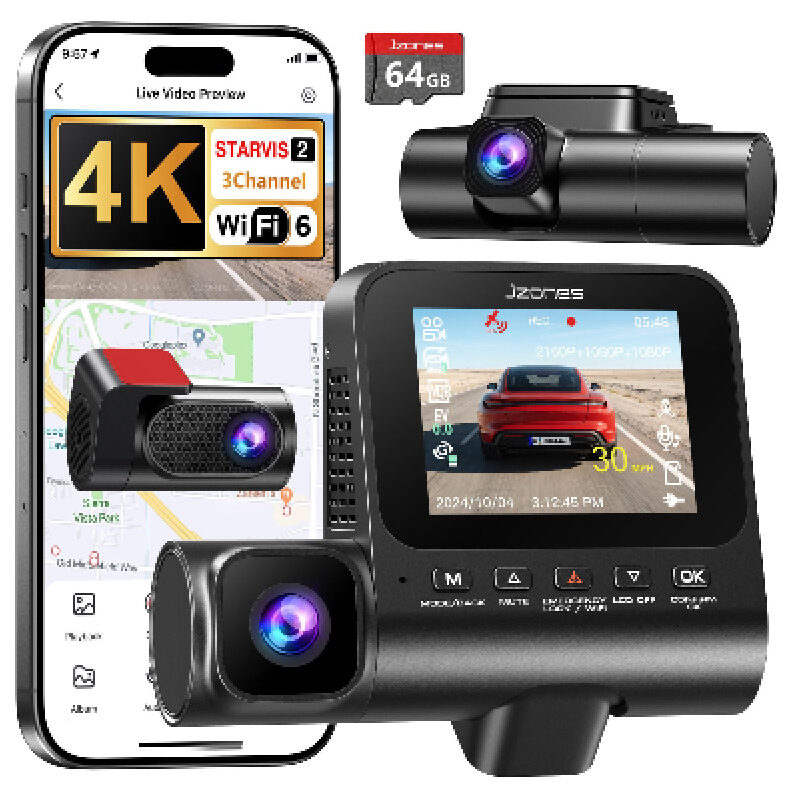 4K 3-Channel Front and Rear Dual Dash Cam with Wi-Fi Connectivity