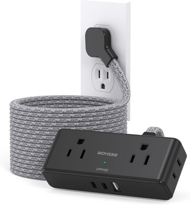 BESHON 15 ft Extension Cord with Power Strip - 4 Outlets and 3 USB Ports