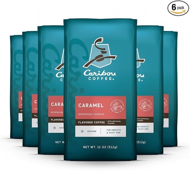 Caribou Coffee, Medium Roast Ground Coffee, Caramel Flavored - 66 Ounces (6 Bags)