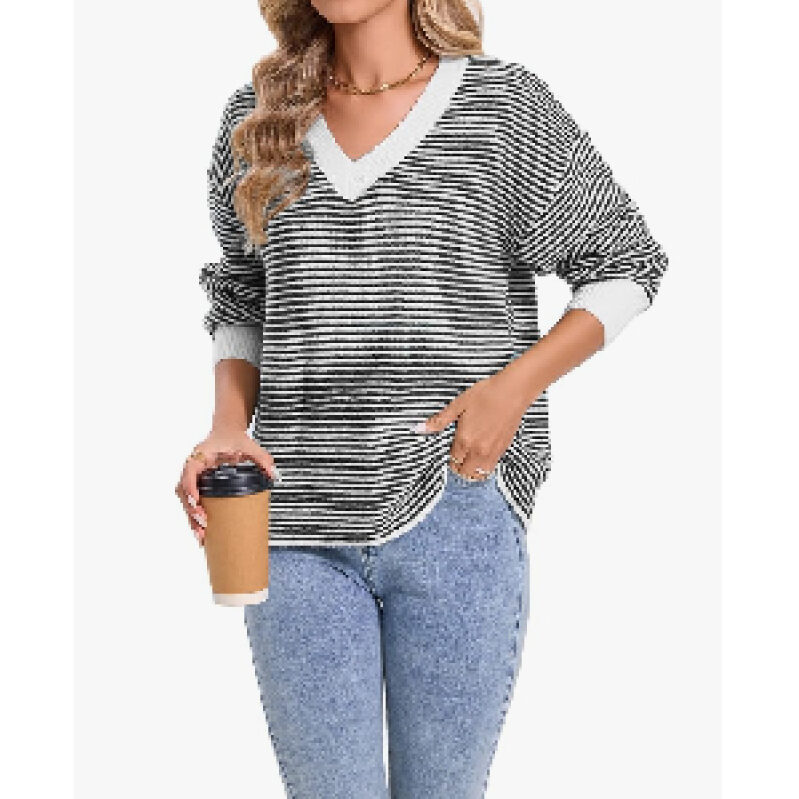 Ystguic Women's V-Neck Striped Oversized Sweater - Versatile Fashion Statement