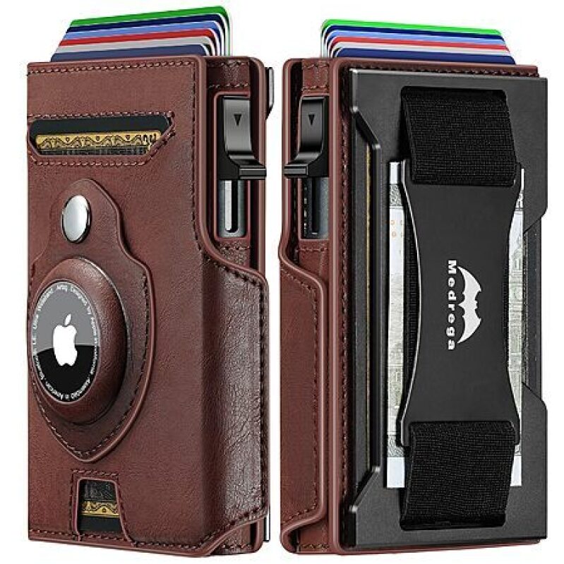 Medrega RFID Bifold Leather Wallet with AirTag Holder - Brown