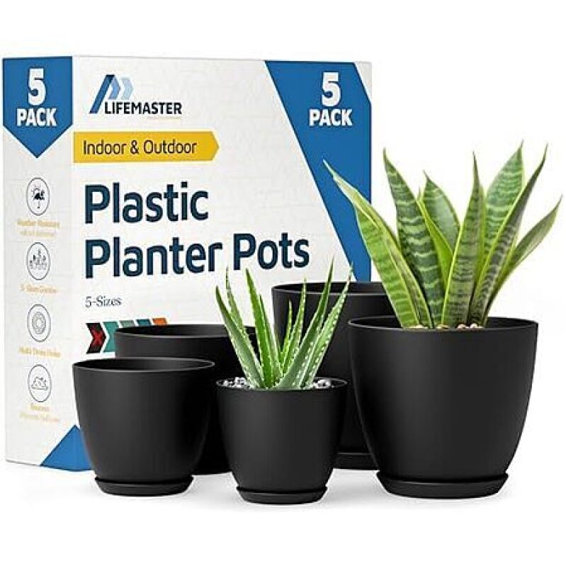 Lifemaster Stackable Plant Pots - 5-Piece Set with Multi Drainage Holes