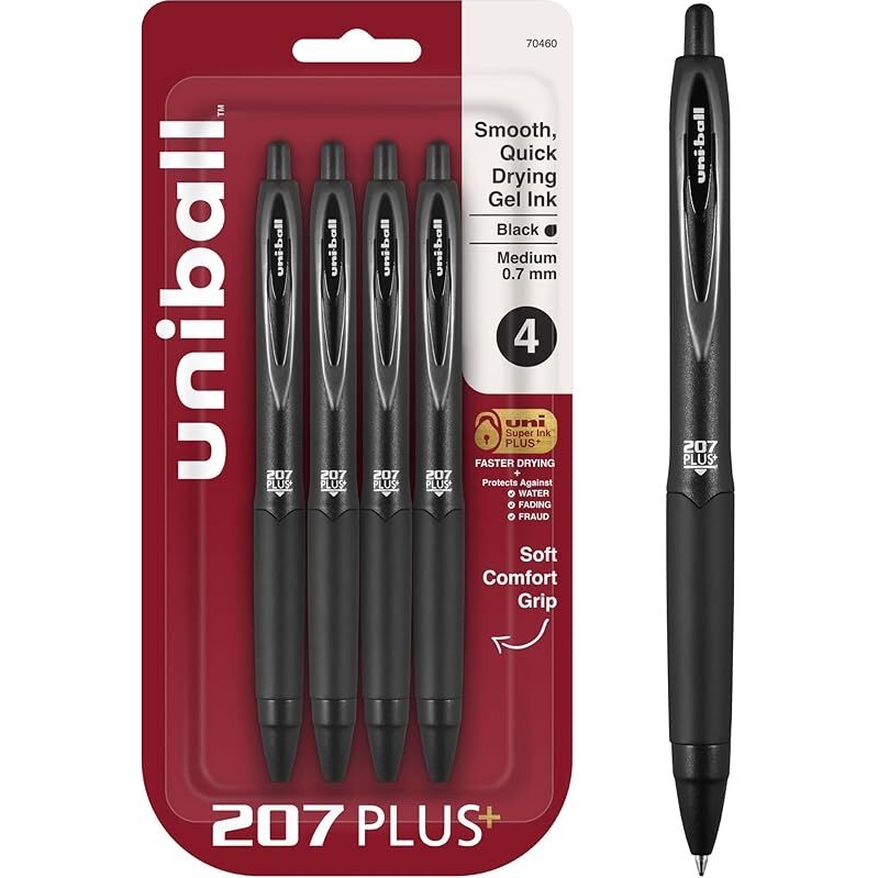 4-Pack Uniball 207 Plus+ Retractable Gel Pens Medium Point 0.7mm - High-Quality Writing Tools