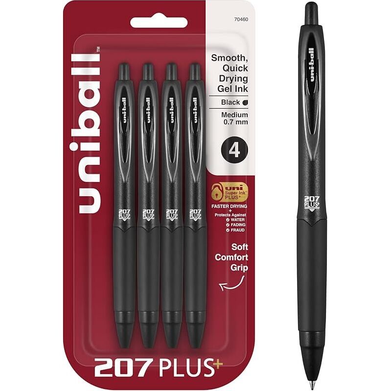 4-Pack Uniball 207 Plus+ Retractable Gel Pens Medium Point 0.7mm - High-Quality Writing Tools