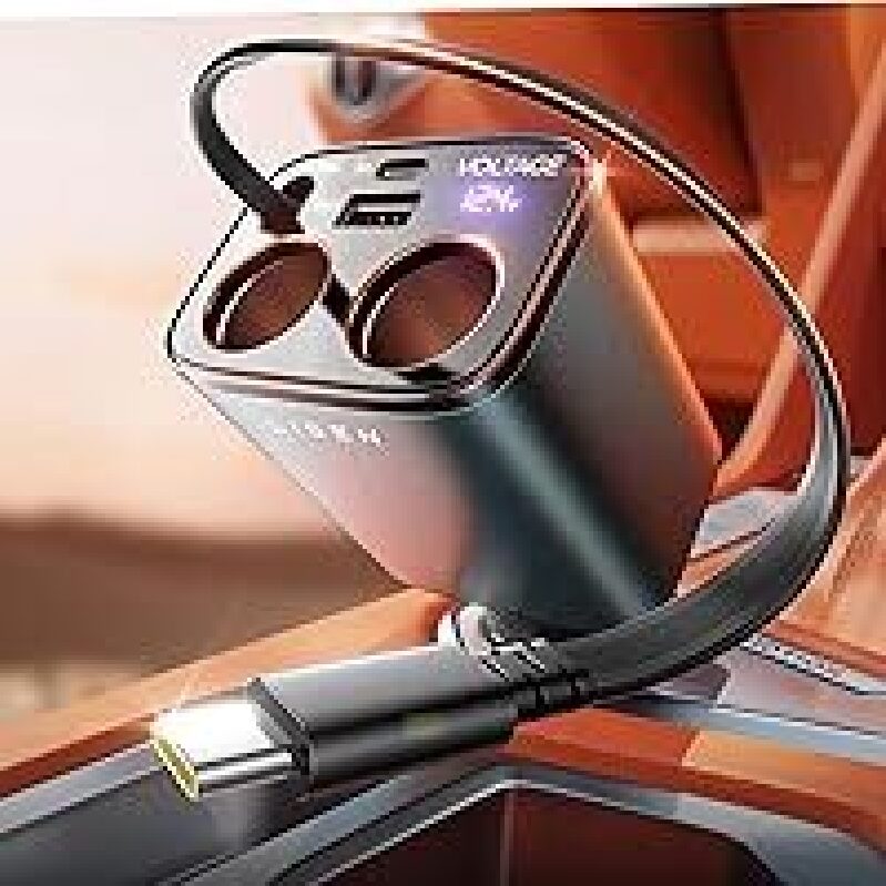 LISEN 5-in-1 Retractable Car Charger with Type-C Cable and Dual Lighter Adapter