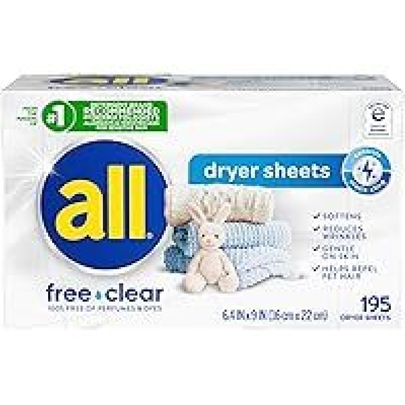 195-Ct All Fabric Softener Dryer Sheets for Sensitive Skin, Free & Clear