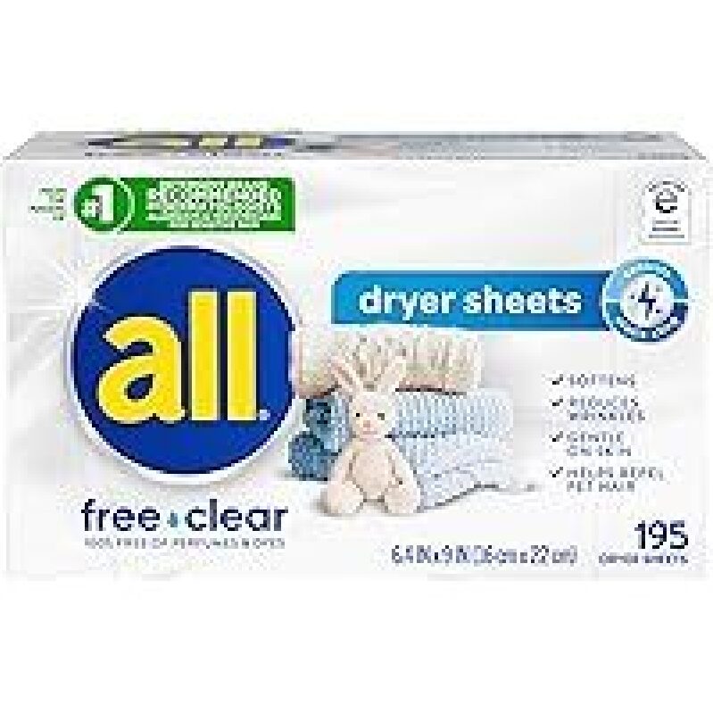 195-Ct All Fabric Softener Dryer Sheets for Sensitive Skin, Free & Clear
