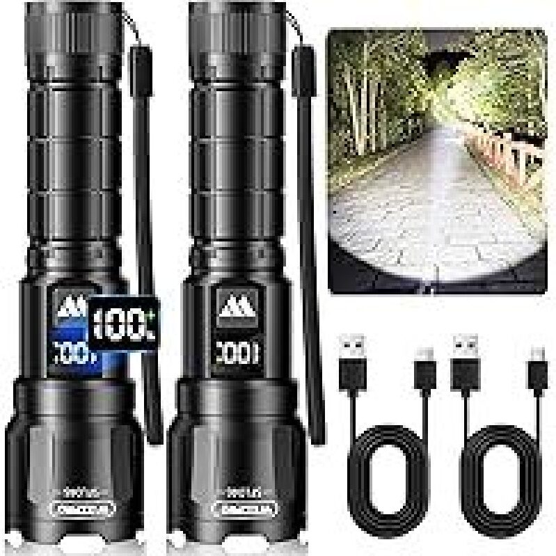 Powerful WdtPro 6000lm 3-Mode Zoomable USB-Rechargeable Waterproof LED Flashlight 2pk