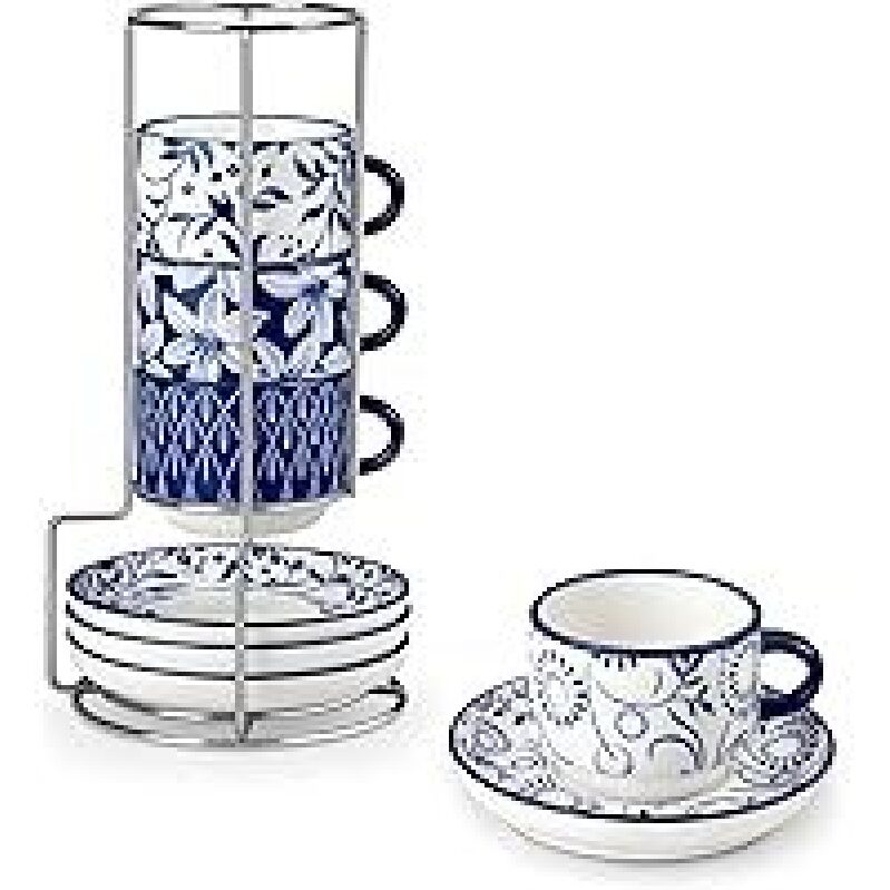 Vancasso Espresso Cups Set of 4 with Saucers - Elegant Blue & White Porcelain