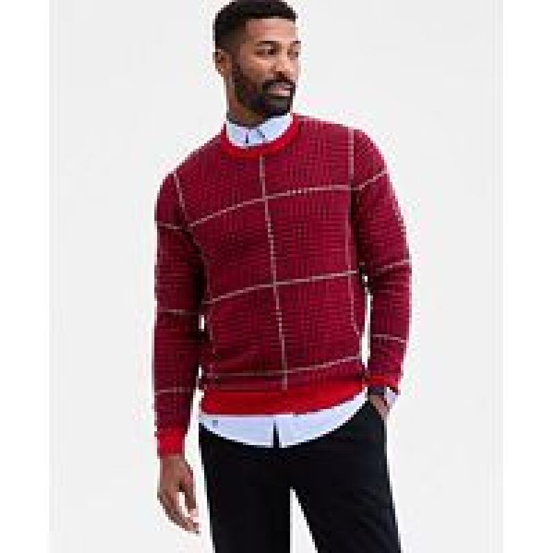 Club Room Mens Pattern Merino Sweater - Stylish Glen Plaid Crewneck