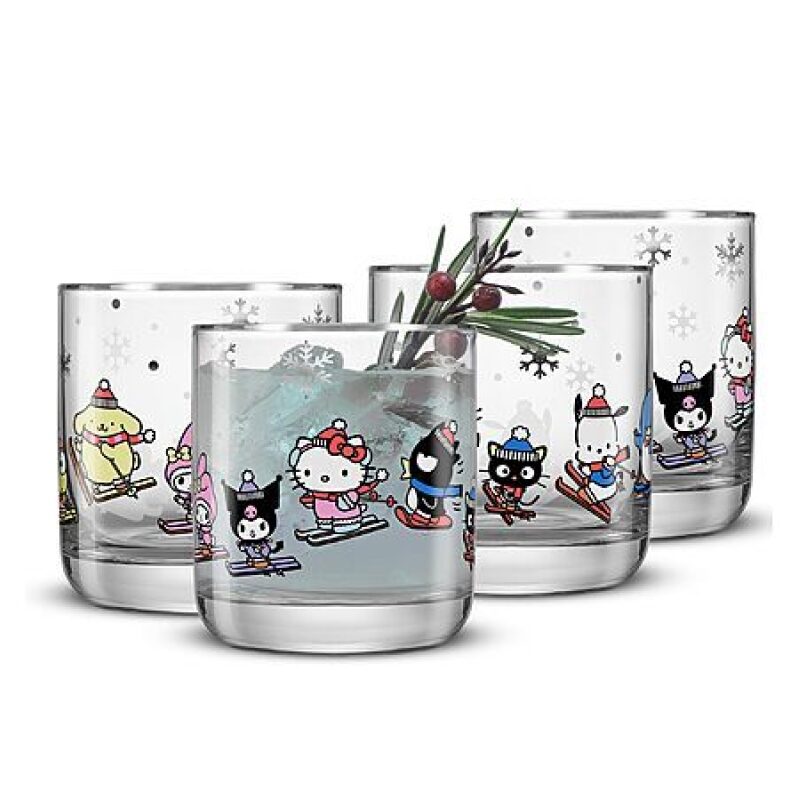 JoyJolt Hello Kitty and Friends Short Glasses, Set of 4, 10oz (Winter Wonderland or Hello Kitty and Gingerbread)