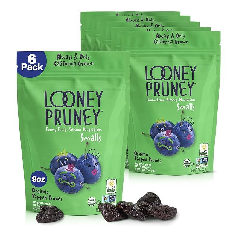 6-Pack Looney Pruney Smalls Fruit Snacks 9oz - Organic, Pit-Free Prunes