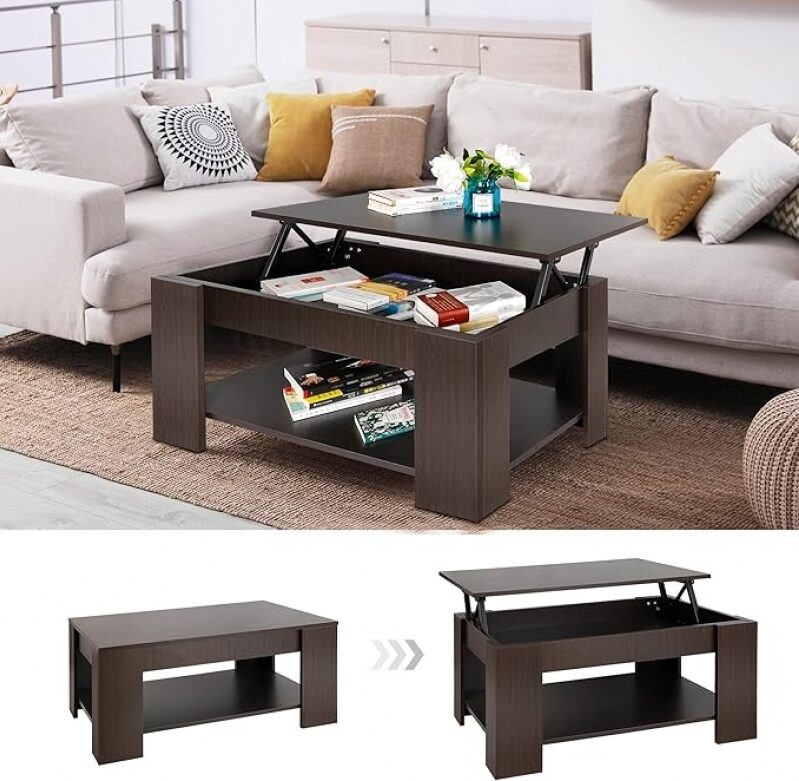 SUPER DEAL Modern Lift Top Coffee Table with Hidden Compartment and Storage Shelves
