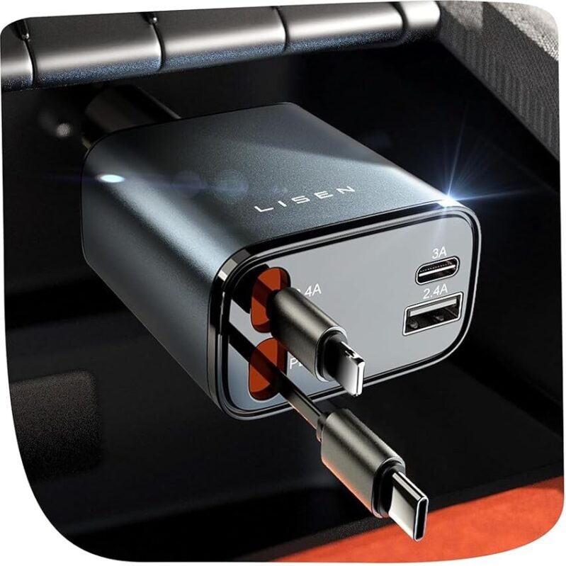 LISEN 4-in-1 69W Retractable Car Charger for Apple and USB-C Devices
