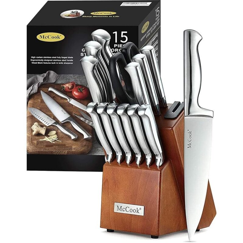 McCook 15-Piece German Stainless Steel Knife Block Set with Built-in Sharpener