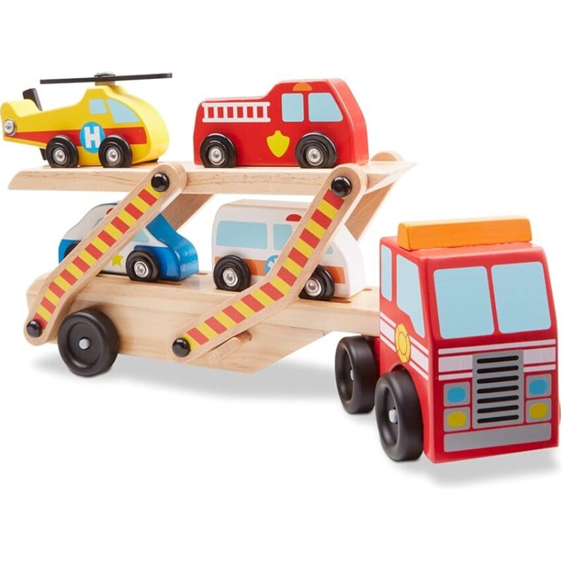 Melissa & Doug Emergency Vehicle Carrier Wooden Truck w/4 Rescue Vehicles
