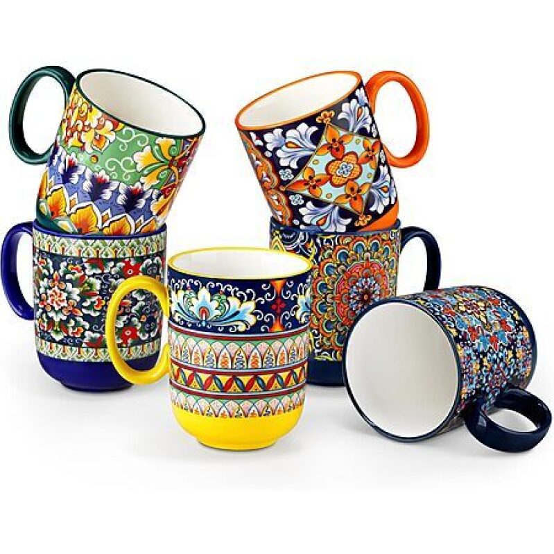 6-Pack Bohemian Style Porcelain Coffee Mugs - Save 50% Now