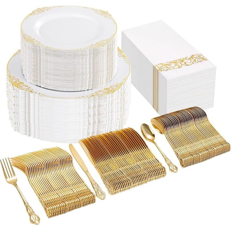 Elegant 300PCS White and Gold Plastic Plates Set