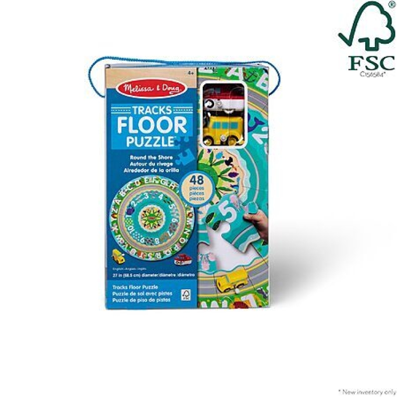 Melissa & Doug Round the Shore Tracks Floor Puzzle with Wind-Up Vehicles - Great Educational Toy