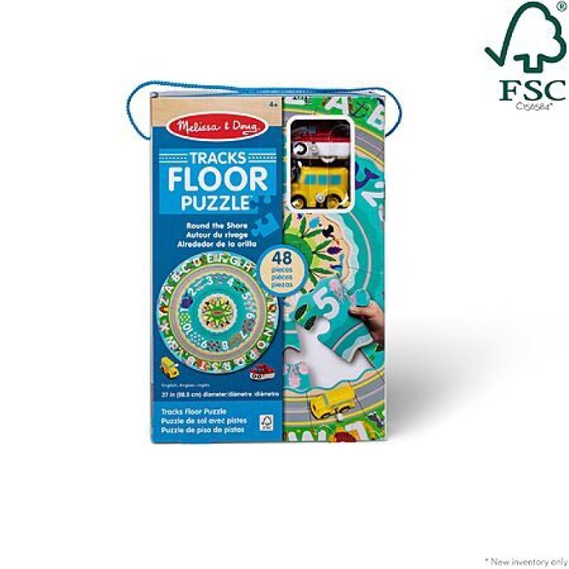 Melissa & Doug Round the Shore Tracks Floor Puzzle with Wind-Up Vehicles - Great Educational Toy