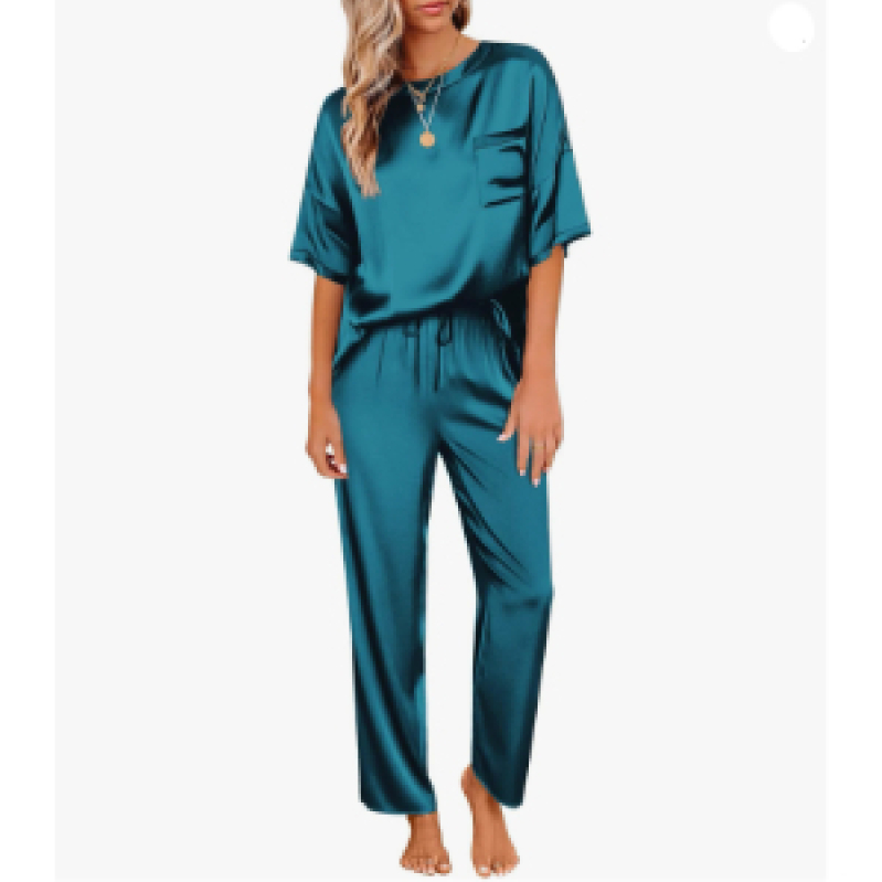 Elegant Satin Short Sleeve Sleepwear Set for Women - Green
