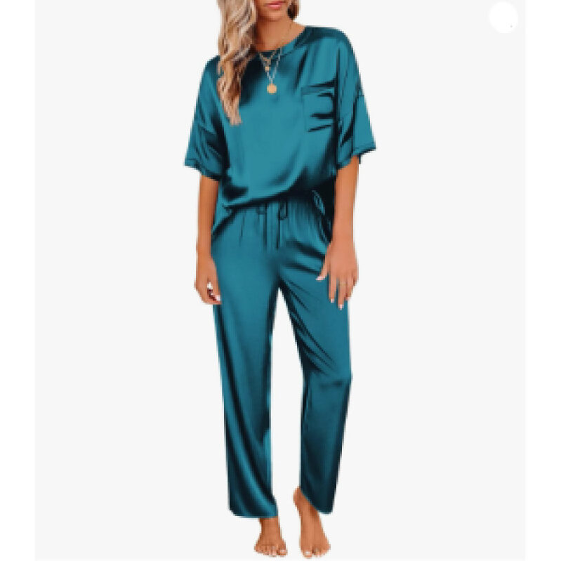 Elegant Satin Short Sleeve Sleepwear Set for Women - Green