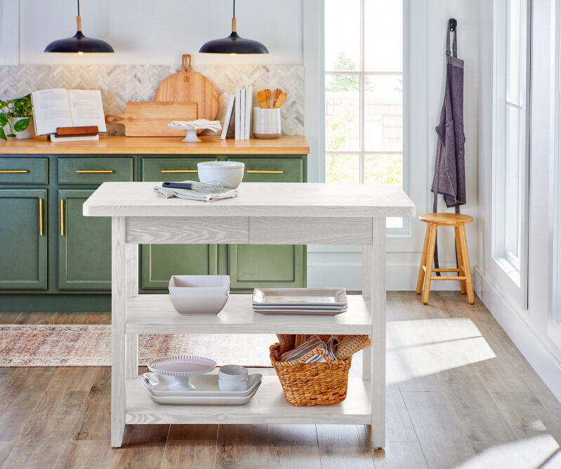 Reading Wood Kitchen Island with Shelves - White