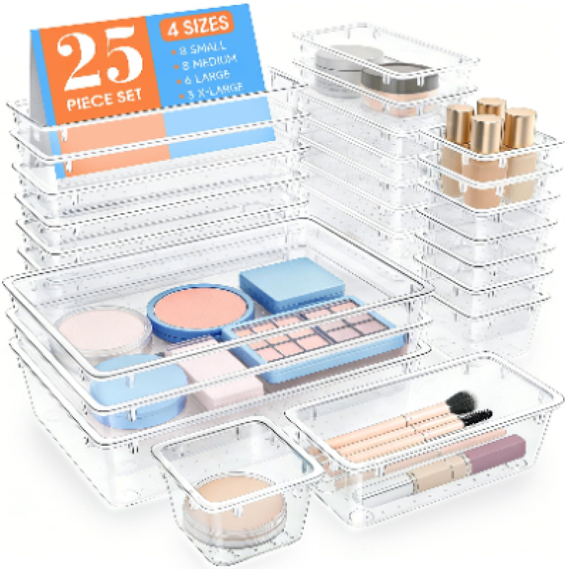 WOWBOX 25-Piece Clear Plastic Drawer Organizers - Ultimate Organization Solution