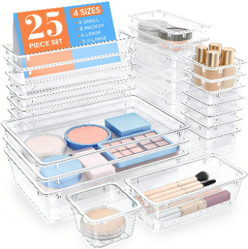 WOWBOX 25-Piece Clear Plastic Drawer Organizers - Ultimate Organization Solution