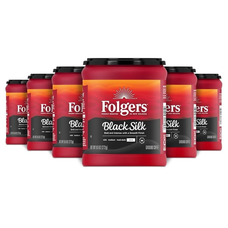 6-Pack Folgers Black Silk Dark Roast Coffee 9.6oz - Bold and Smooth Flavors