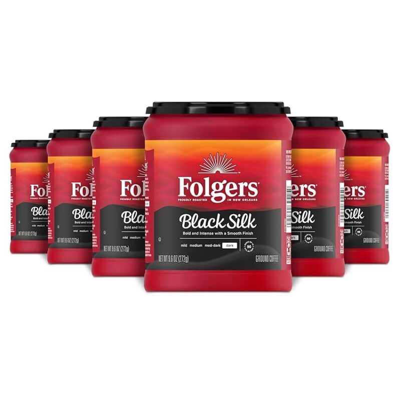 6-Pack Folgers Black Silk Dark Roast Coffee 9.6oz - Bold and Smooth Flavors