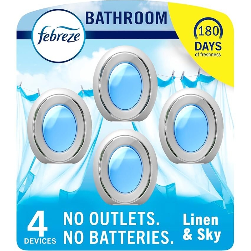 Febreze 4-Count Bathroom Air Freshener - Linen & Sky Scent, Long-Lasting Freshness