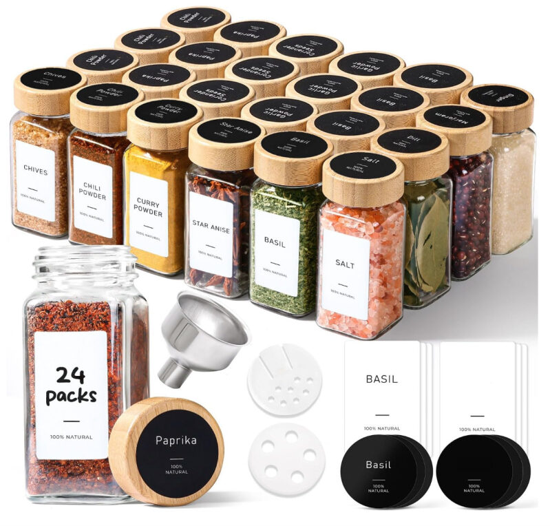 24-Piece Square Glass Spice Jar Set with Bamboo Lids and Stainless Steel Funnel