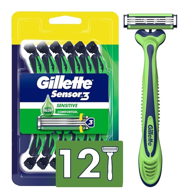 Gillette Sensor3 Sensitive 12-Pack Disposable Razors for Men - Smooth and Comfortable Shaves