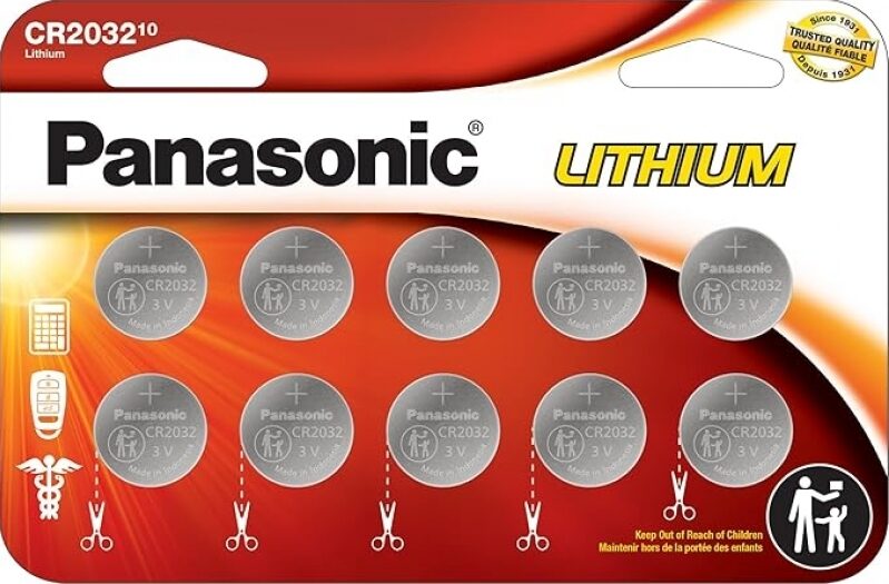 Panasonic CR2032 3V Lithium Coin Cell Batteries, 10-Pack