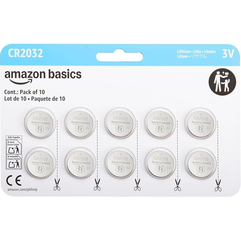 Amazon Basics CR2032 Lithium Coin Cell Battery, 3V, 10-Pack